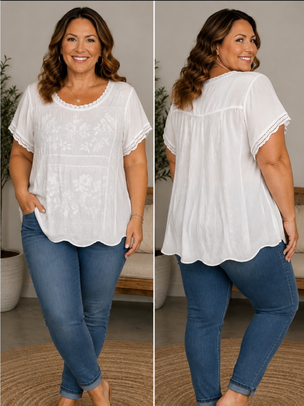 Torrid White Floral Embroidered Boho Peasant Top Scoop Neckline Lace Trim